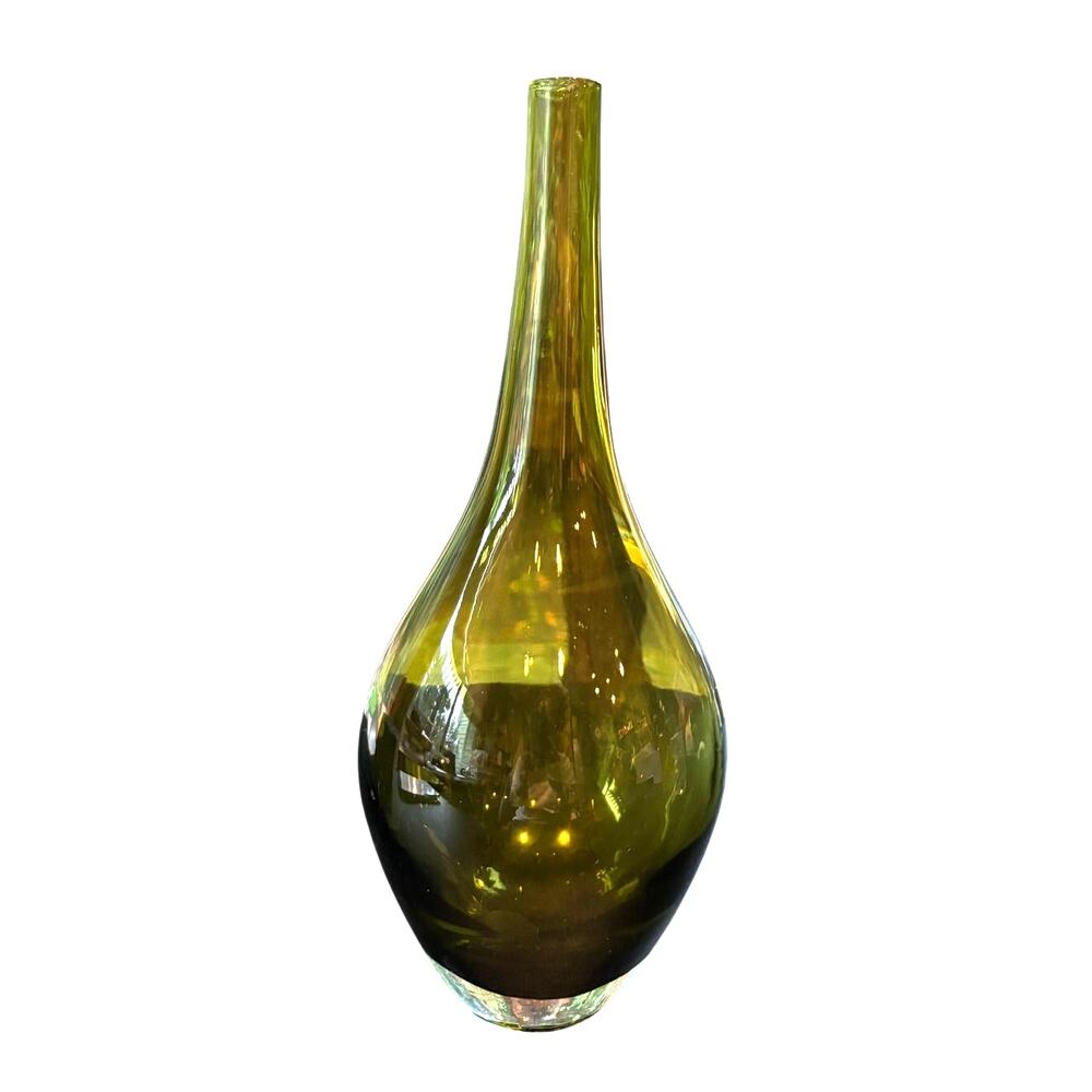VTG MCM Green Glass Teardrop Vase, Handblown Art Glass - Excellent Condition